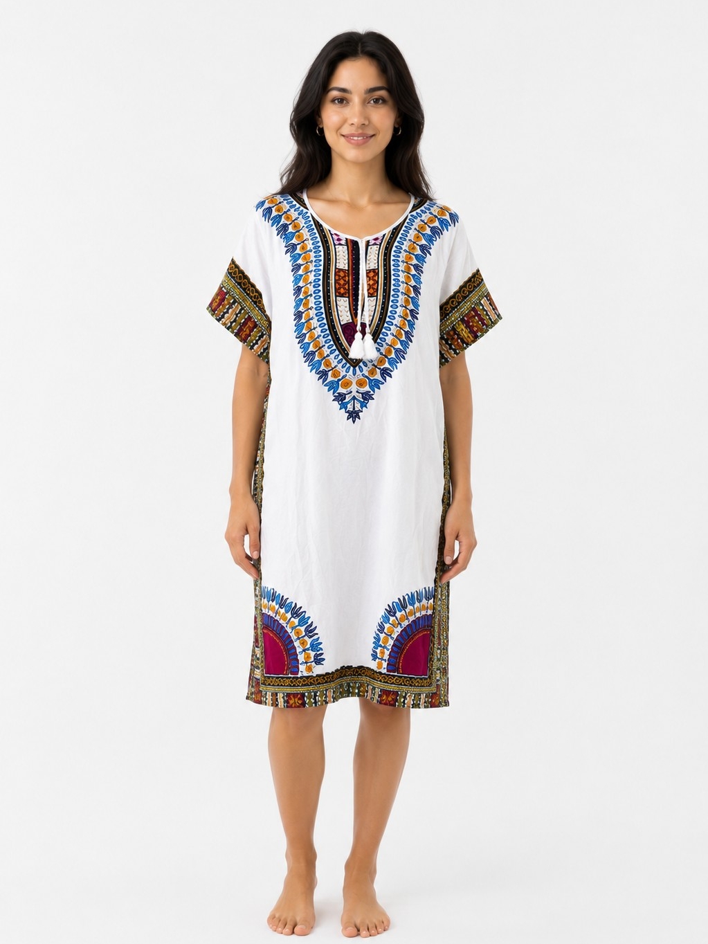 White Kaftan Swim Cover-Up Drrss With Blue & Pink Accents Women's L